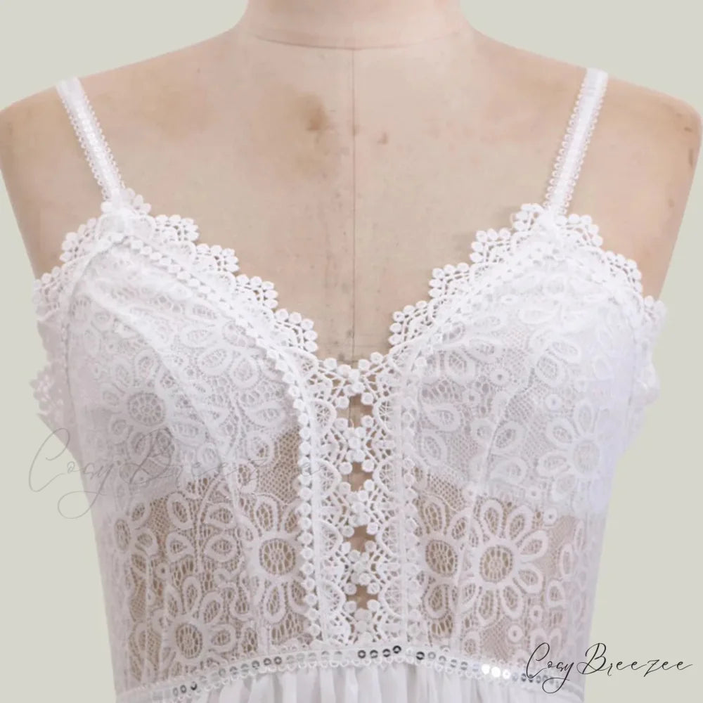 White Lace Maxi V-Neck Slim Sleeveless Boho Dress