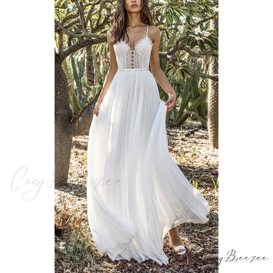 White Lace Maxi V-Neck Slim Sleeveless Boho Dress White / S