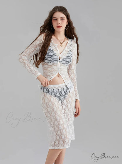 White Lace Mesh Long Sleeve Button-Down Skirt Set floraldress-250126