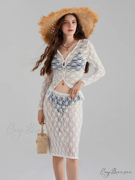 White Lace Mesh Long Sleeve Button-Down Skirt Set WHITE / S floraldress-250126