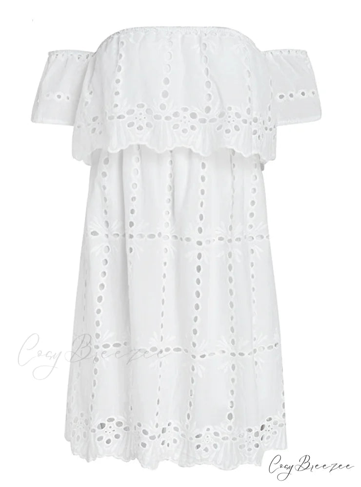 White Lace Off Shoulder Dress with Hollow Out Detail for Women