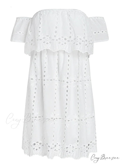 White Lace Off Shoulder Dress with Hollow Out Detail for Women