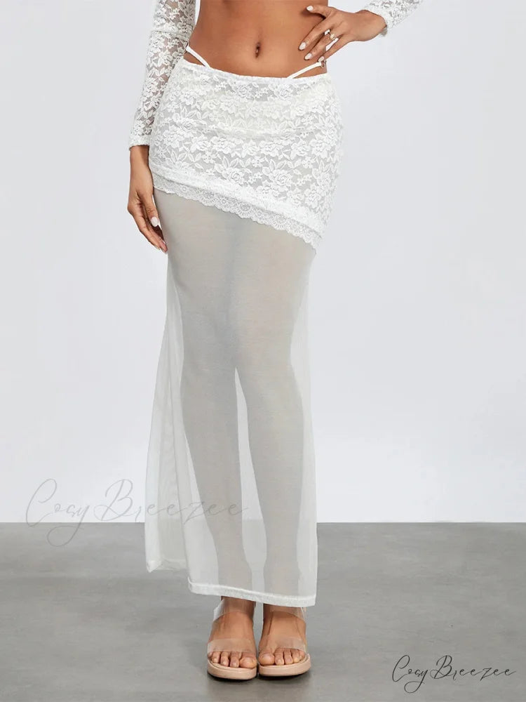 White Lace Patchwork Cropped Shrug Skirt Set floraldress-250126