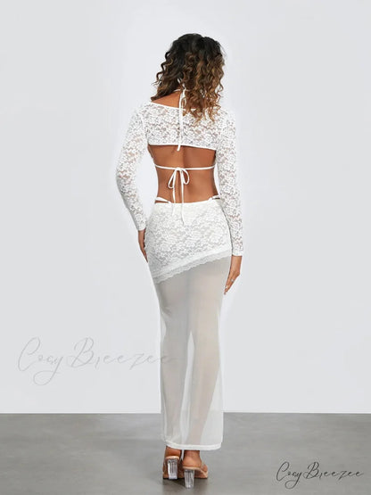 White Lace Patchwork Cropped Shrug Skirt Set floraldress-250126
