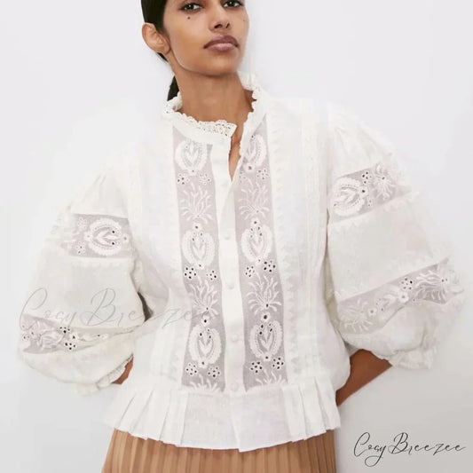 White Lace Puff Sleeve Cotton Floral Embroidery Boho Blouse White / S bohoblouse-250126