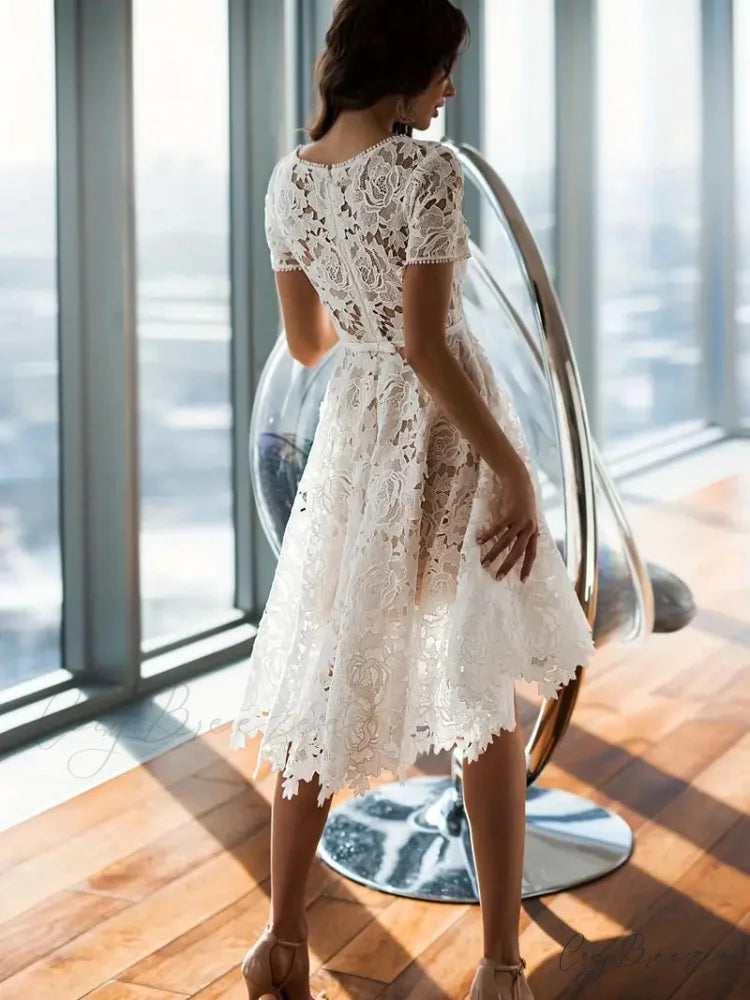 White Lace Scoop Neck Short Sleeve Dress