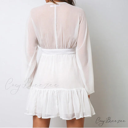 White Lace Sexy Plunge V Neck Long Sleeve Mini Party Dress