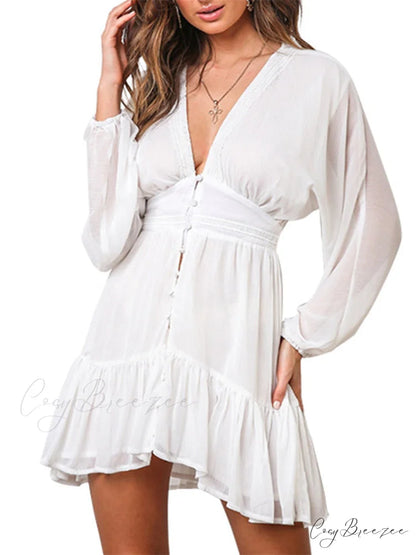 White Lace Sexy Plunge V Neck Long Sleeve Mini Party Dress