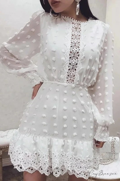 White Lace Short Dress with Long Puff Sleeves for Women