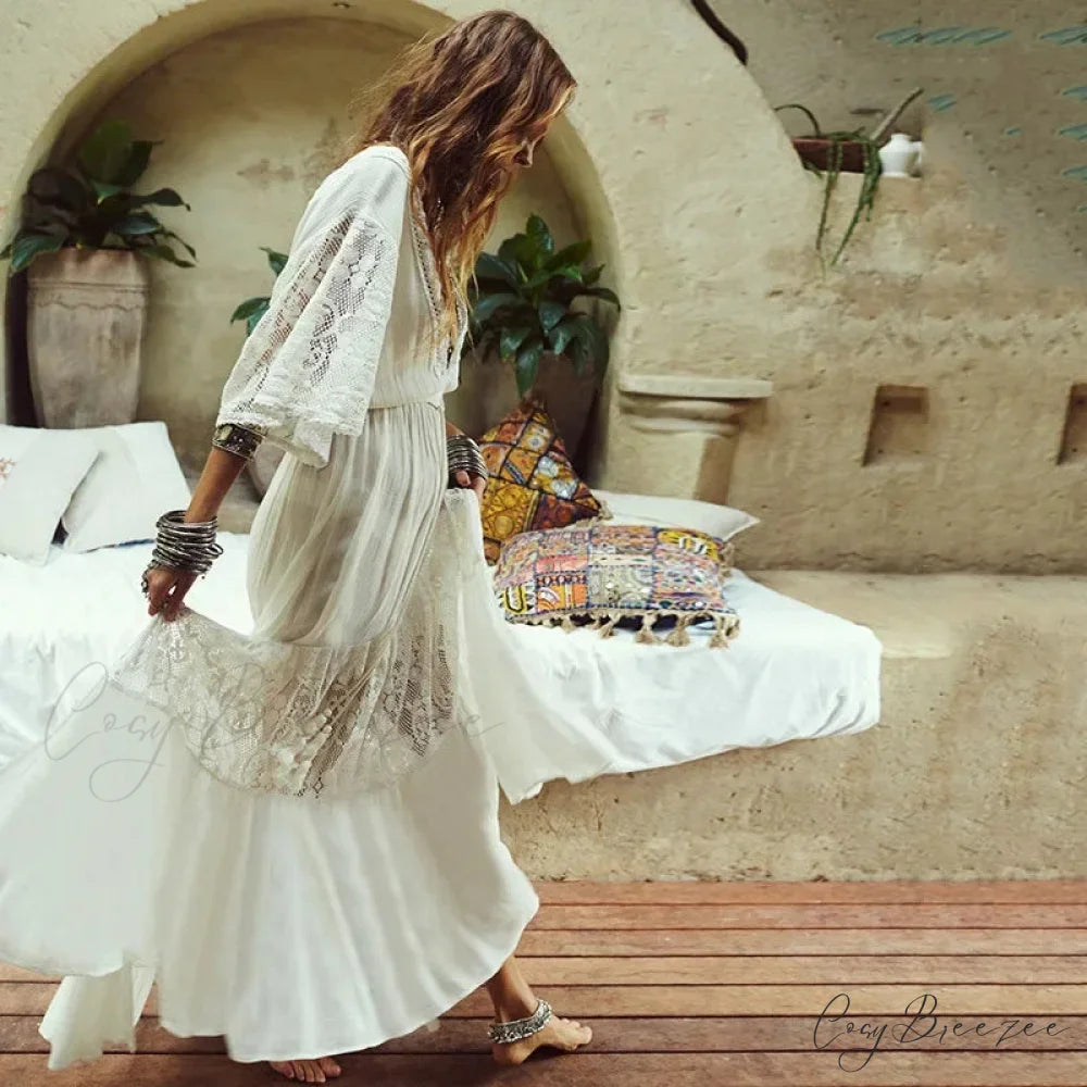 White Lace Short Sleeve Boho Dress White / One Size bohodress-250126