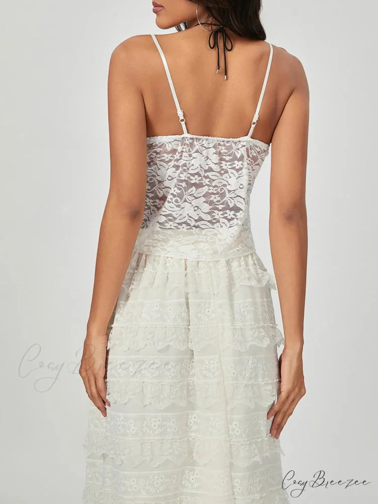 White Lace Spaghetti Strap Wrap Hem Slip Camisole Top croptop-250126