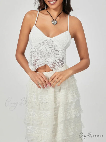 White Lace Spaghetti Strap Wrap Hem Slip Camisole Top croptop-250126