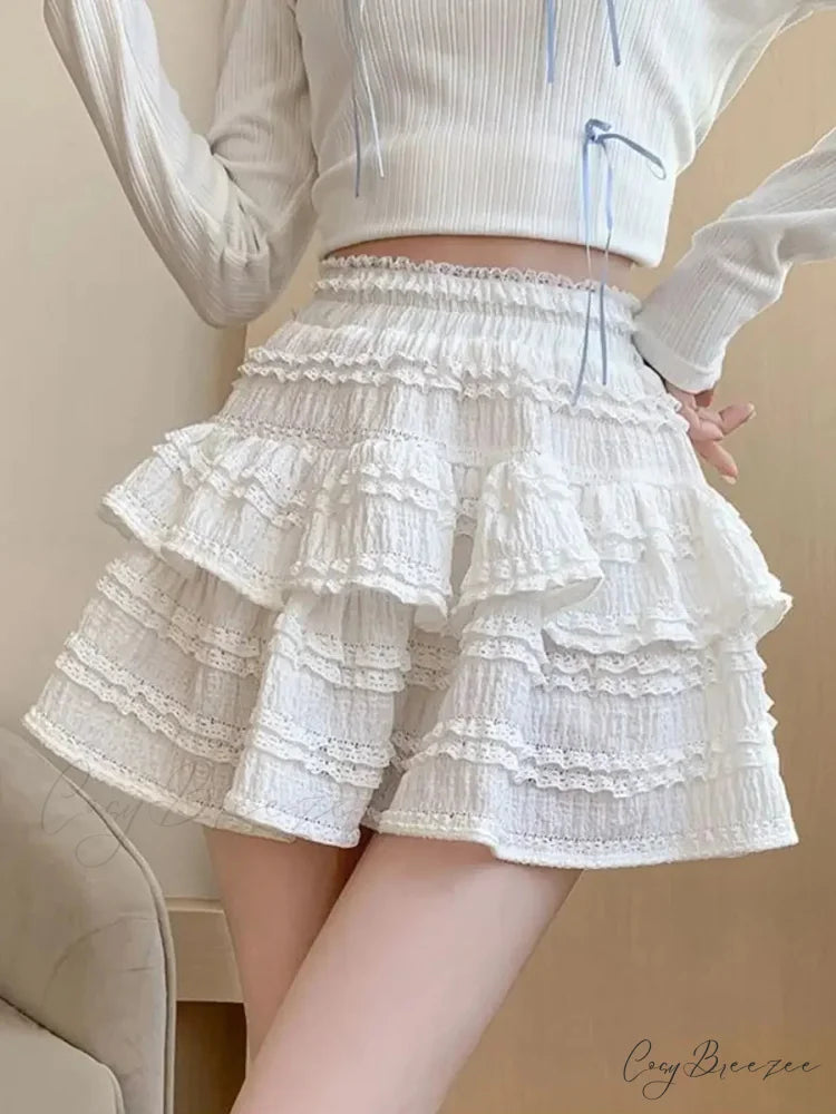 White Lace Spring Layered Skirt skirts-250223