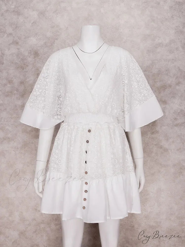 White Lace V Neck Ruffles Mini Dress