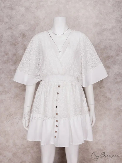 White Lace V Neck Ruffles Mini Dress