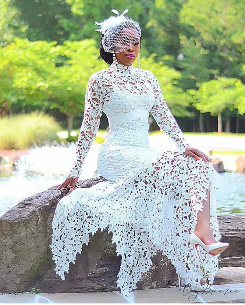 White Long Sleeve High Low Dress with Laser Cut Detail M / Burgundy
