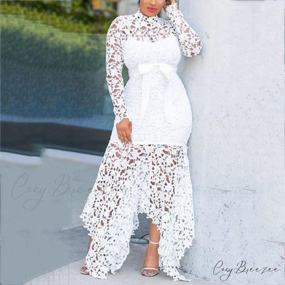 White Long Sleeve High Low Dress with Laser Cut Detail M / Purple
