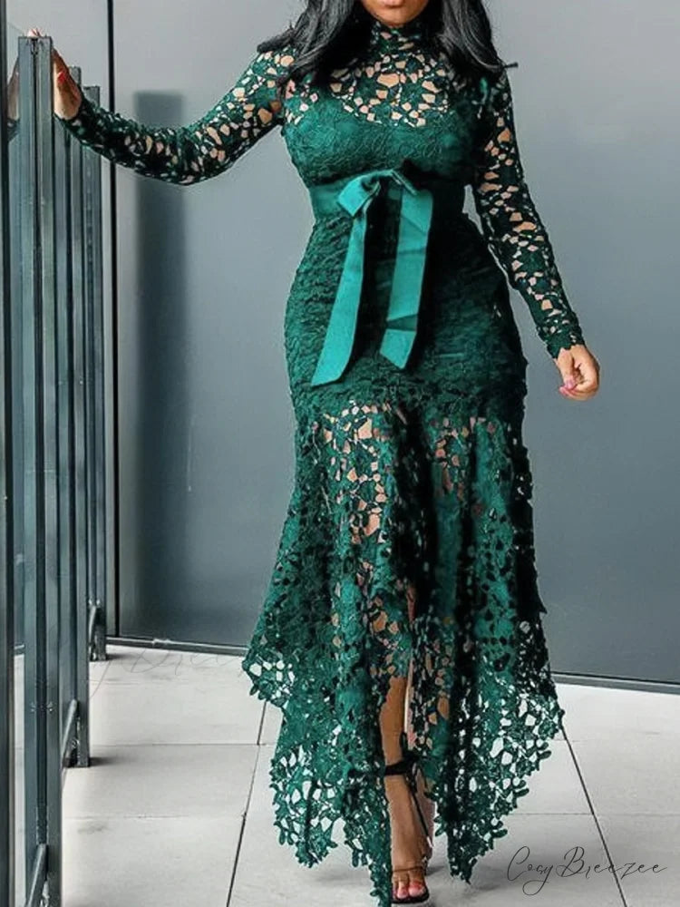 White Long Sleeve High Low Dress with Laser Cut Detail S / Blue