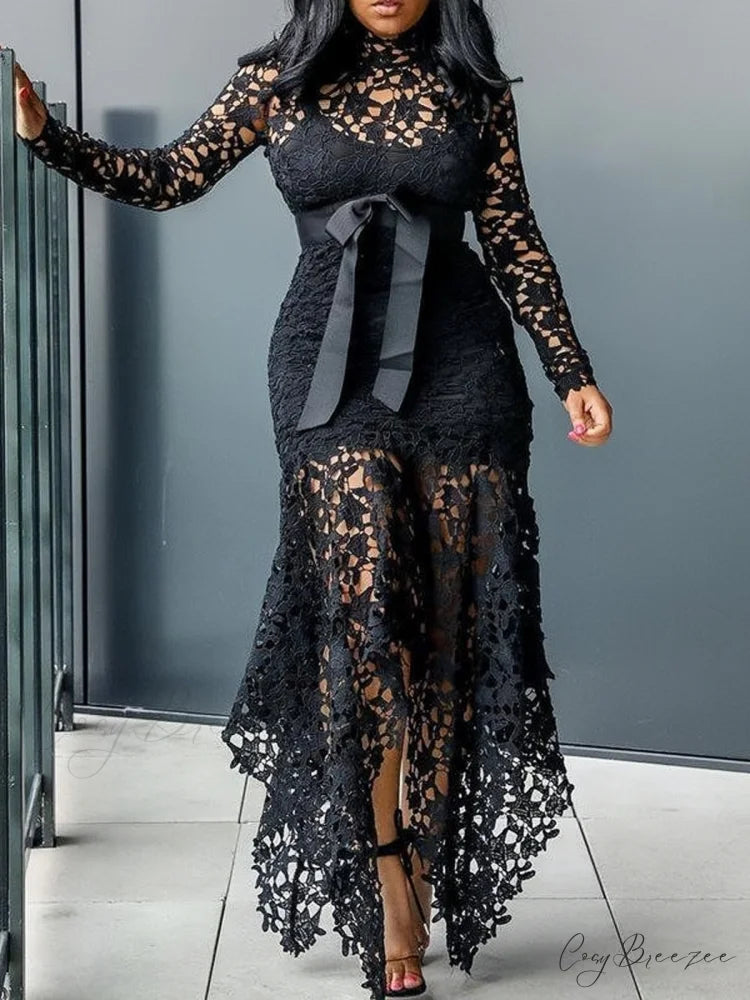 White Long Sleeve High Low Dress with Laser Cut Detail S / Green