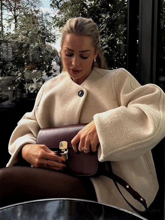 White Long Sleeve Woolen Coat coats-241228