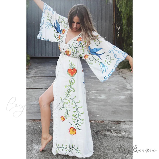 White Maxi Dress Cotton Floral Embroidery Sexy V-neck Beach Dress Beige / S bohodress-250126