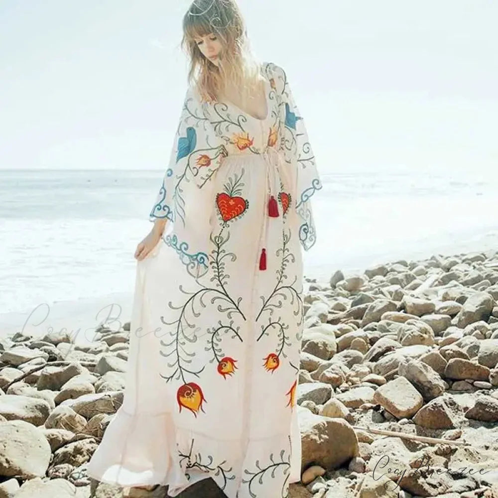 White Maxi Dress Cotton Floral Embroidery Sexy V-neck Beach Dress bohodress-250126