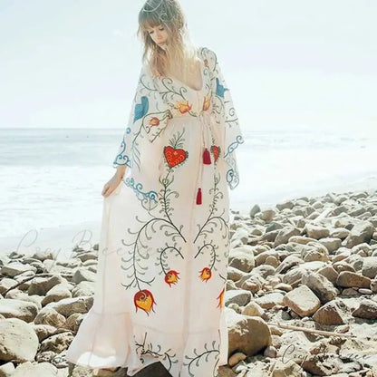 White Maxi Dress Cotton Floral Embroidery Sexy V-neck Beach Dress bohodress-250126