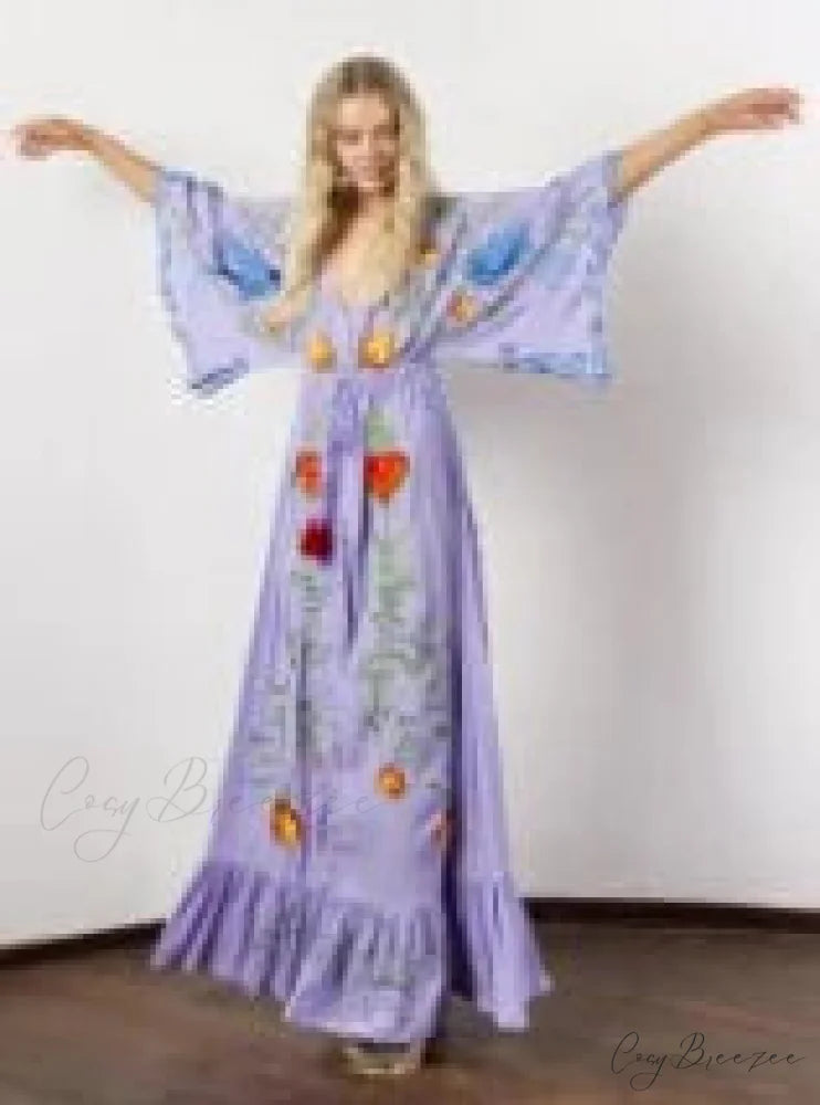 White Maxi Dress Cotton Floral Embroidery Sexy V-neck Beach Dress Lavender / S bohodress-250126