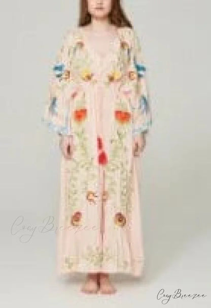White Maxi Dress Cotton Floral Embroidery Sexy V-neck Beach Dress Pink / S bohodress-250126