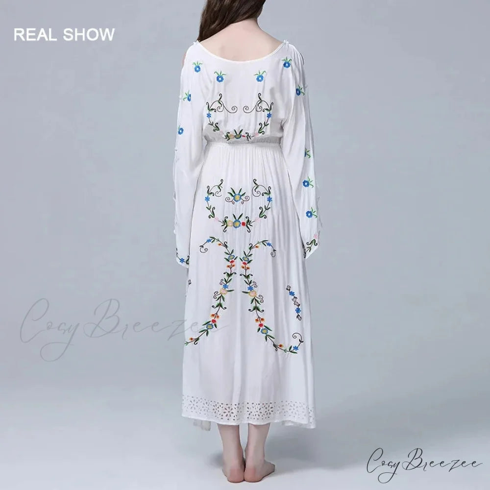 White Maxi Dress Deep V-neck Floral Embroidery Cotton Rayon Summer Dress bohodress-250126