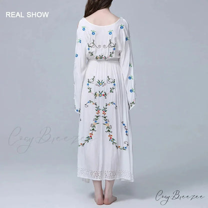 White Maxi Dress Deep V-neck Floral Embroidery Cotton Rayon Summer Dress bohodress-250126