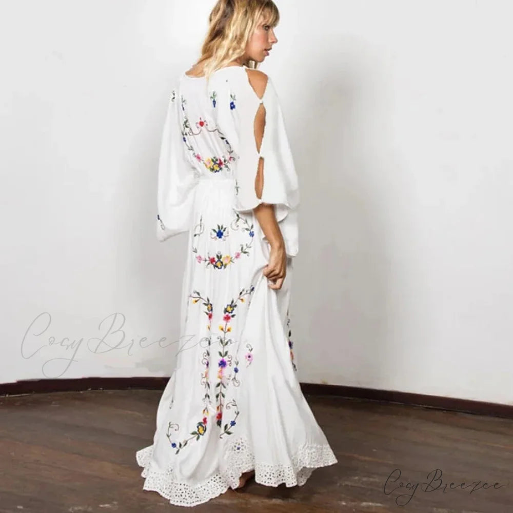 White Maxi Dress Deep V-neck Floral Embroidery Cotton Rayon Summer Dress bohodress-250126