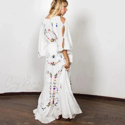 White Maxi Dress Deep V-neck Floral Embroidery Cotton Rayon Summer Dress bohodress-250126