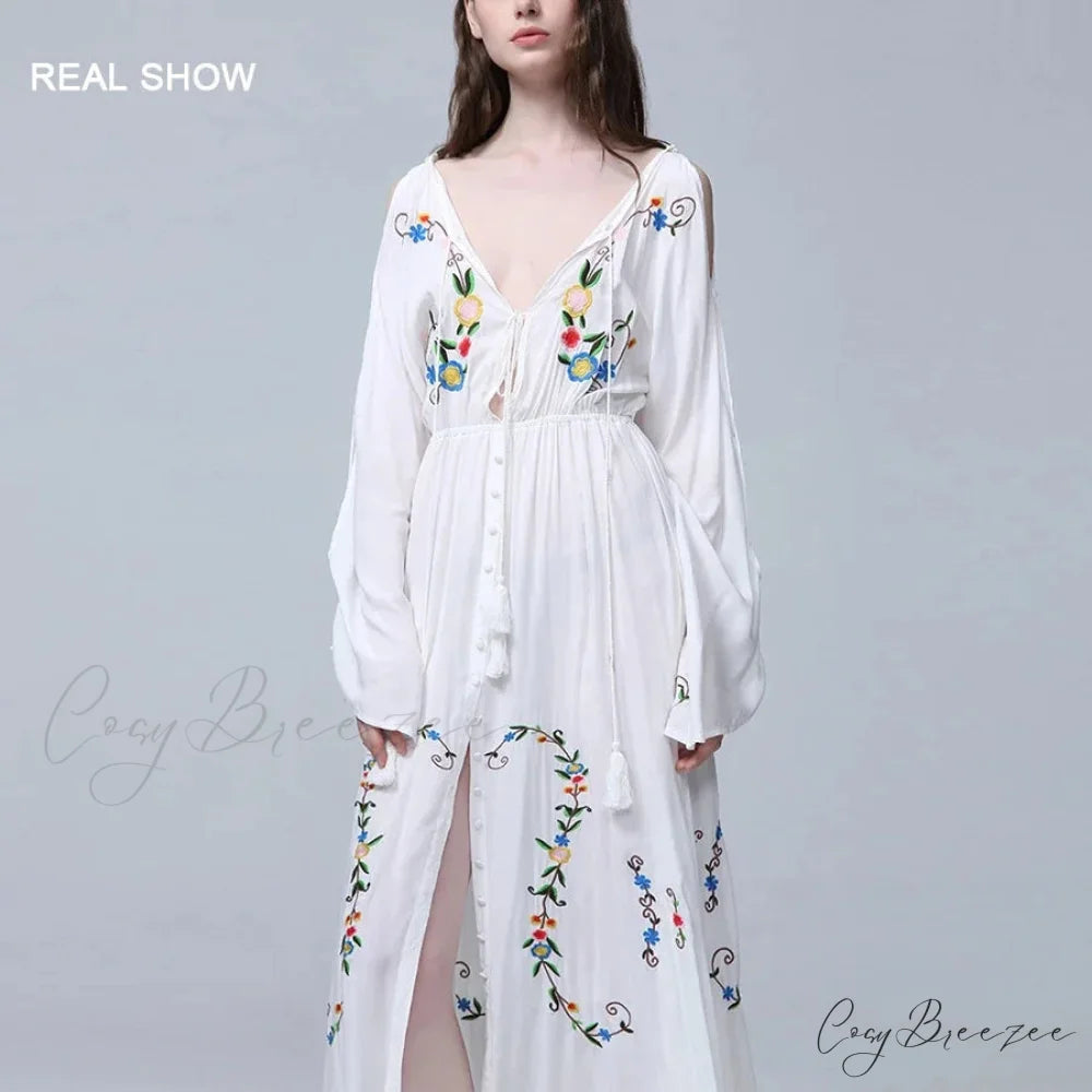 White Maxi Dress Deep V-neck Floral Embroidery Cotton Rayon Summer Dress bohodress-250126