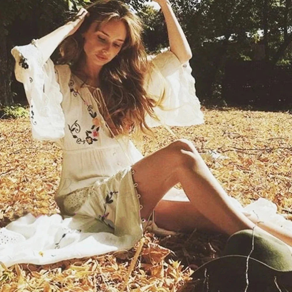 White Maxi Dress Deep V-neck Floral Embroidery Cotton Rayon Summer Dress bohodress-250126