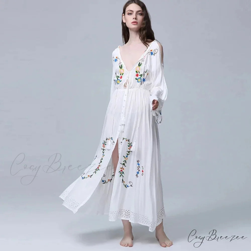 White Maxi Dress Deep V-neck Floral Embroidery Cotton Rayon Summer Dress bohodress-250126