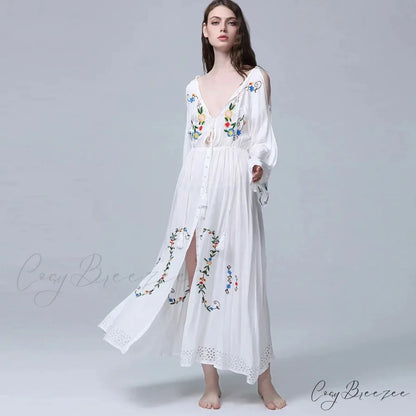 White Maxi Dress Deep V-neck Floral Embroidery Cotton Rayon Summer Dress bohodress-250126