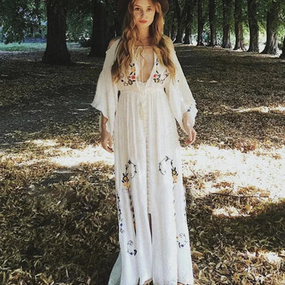 White Maxi Dress Deep V-neck Floral Embroidery Cotton Rayon Summer Dress WHITE / S bohodress-250126