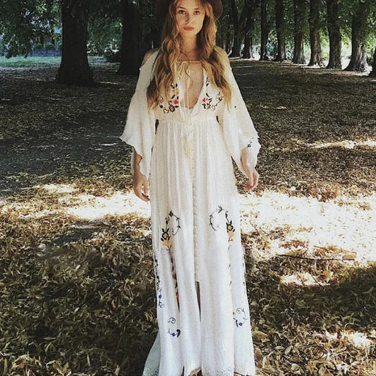White Maxi Dress Deep V-neck Floral Embroidery Cotton Rayon Summer Dress WHITE / S bohodress-250126