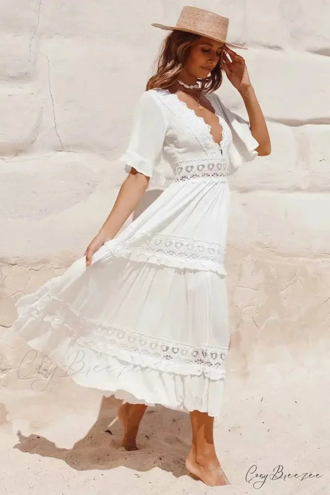 White Maxi Dress Hollow Waist Deep V-neck Dress bohodress-250126