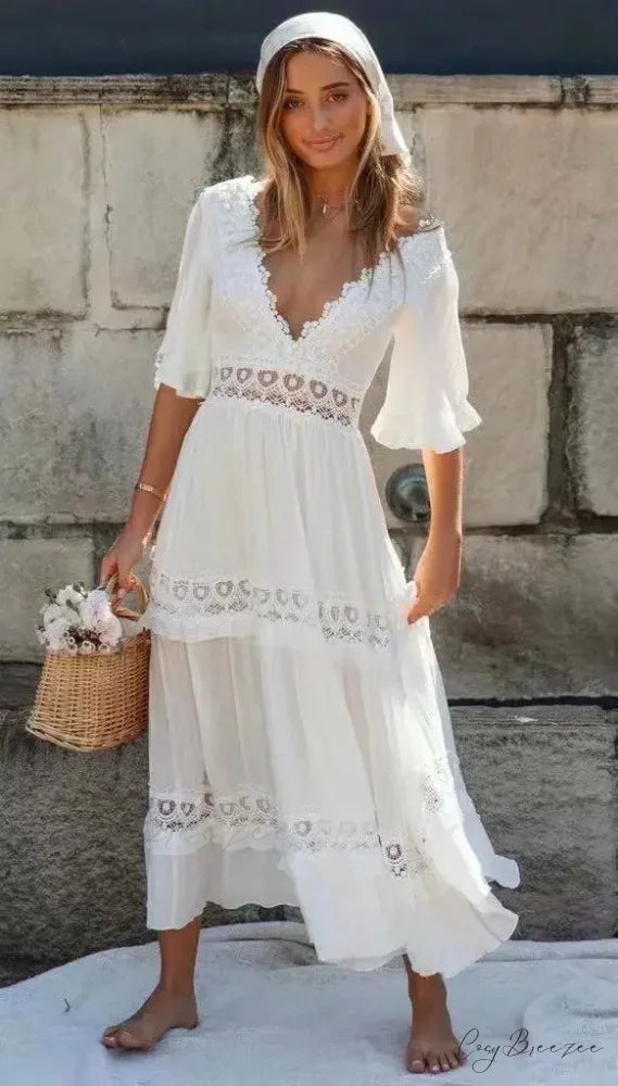White Maxi Dress Hollow Waist Deep V-neck Dress bohodress-250126