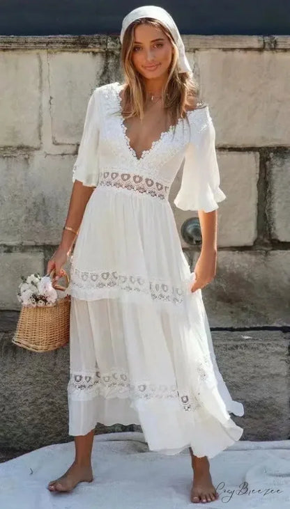 White Maxi Dress Hollow Waist Deep V-neck Dress bohodress-250126