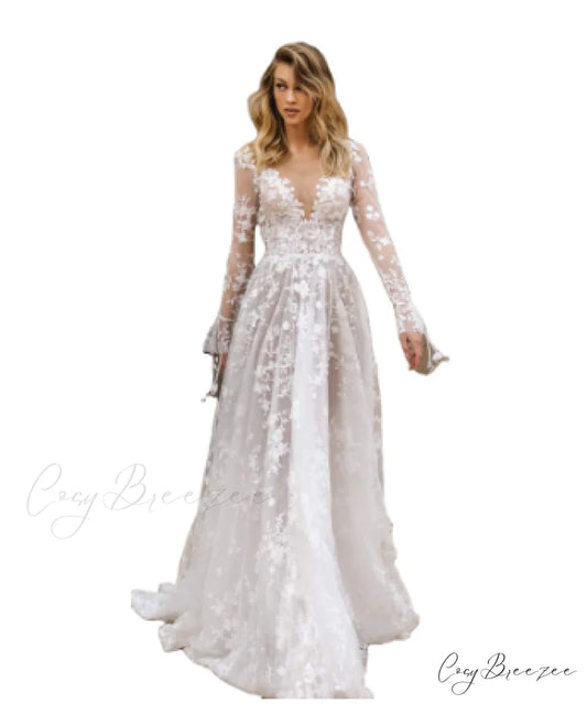 White Maxi Dress with Long Sleeves and Round Neck