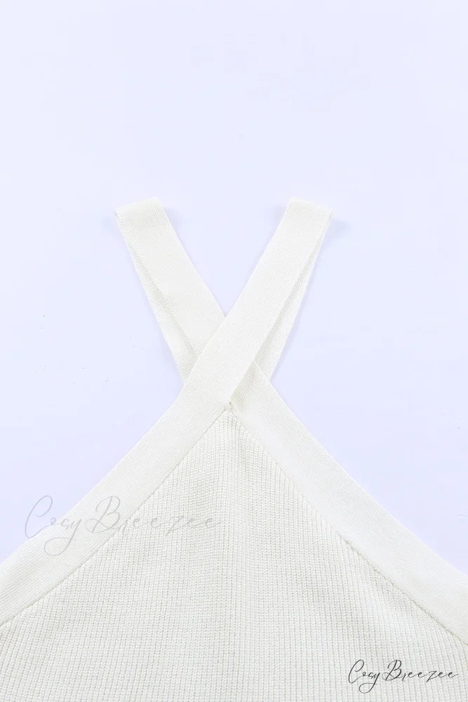 White Neck Knit Ribbed Halter Tank Cross Criss Top