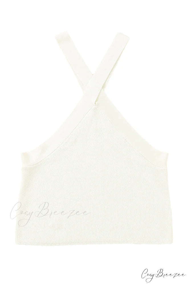 White Neck Knit Ribbed Halter Tank Cross Criss Top