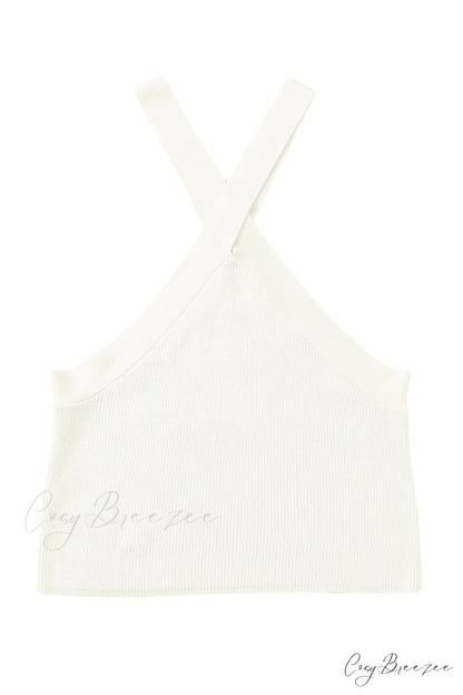 White Neck Knit Ribbed Halter Tank Cross Criss Top