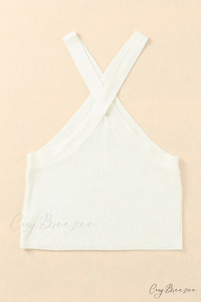 White Neck Knit Ribbed Halter Tank Cross Criss Top