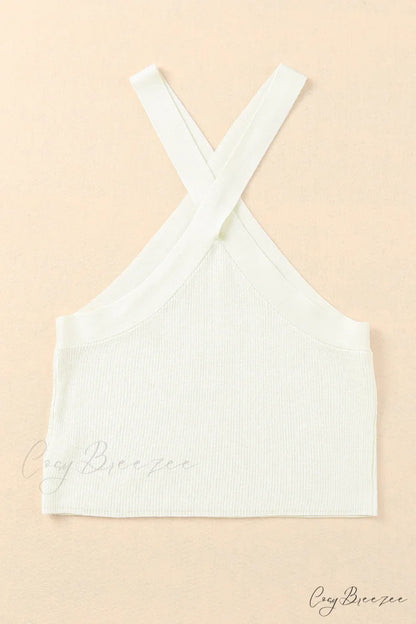 White Neck Knit Ribbed Halter Tank Cross Criss Top