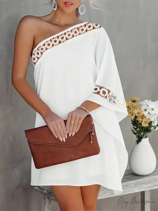White One Shoulder Lace Dress S / Black