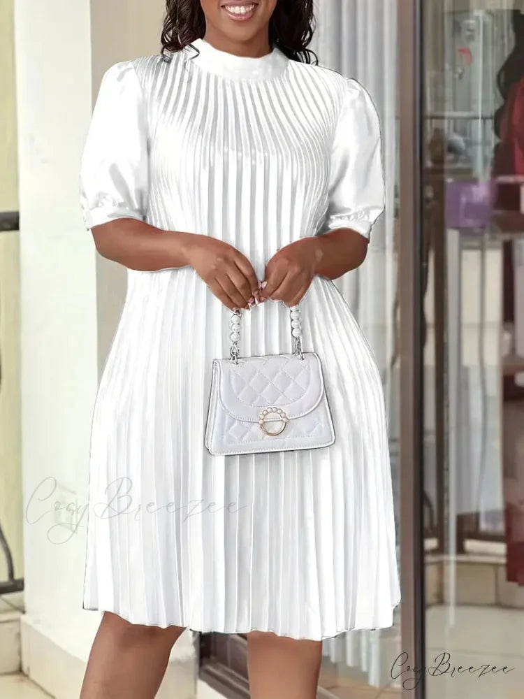 White Pleats Dress - Casual Short Sleeve Crew Neck S / Red